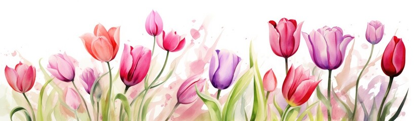 Tulips flowers. Watercolor illustration banner on white background