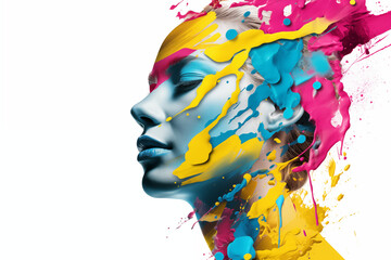 Abstract masterpiece of a woman's face emerged, brought to vivid life through the artistry of CMYK digital printing and design, showcasing beauty in a tapestry of vibrant hues and captivating forms - obrazy, fototapety, plakaty