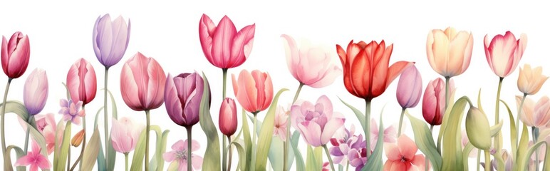 Fototapeta premium Tulips flowers. Watercolor illustration banner on white background