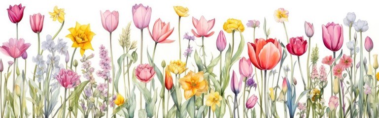 Tulips flowers. Watercolor illustration banner on white background - obrazy, fototapety, plakaty