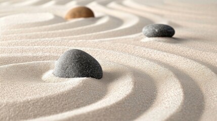 Calm and Peaceful Zen Garden, sand and stones. Japanese dry garden. Closeup meditative sand patterns and balanced stones - obrazy, fototapety, plakaty