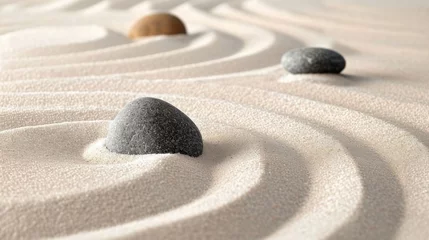 Foto op Plexiglas Calm and Peaceful Zen Garden, sand and stones. Japanese dry garden. Closeup meditative sand patterns and balanced stones © Vladimir
