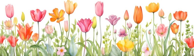 Tulips flowers. Watercolor illustration banner on white background