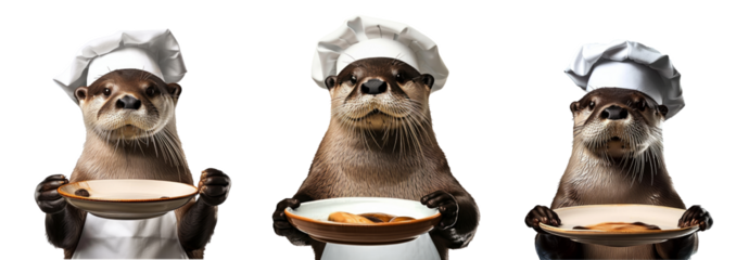 generated illustration of an otter wearing a chefs hat holding a plate