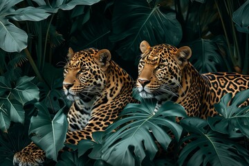 .Real photo of leopards and tropical leaves opulent pattern