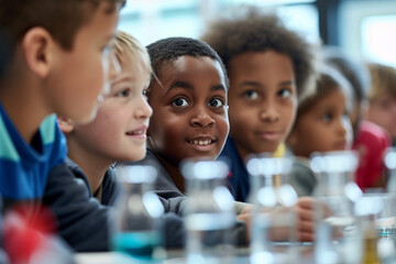 Group of passionate young students engaged in a fun, educational science project at their school laboratory. Animated kids brainstorming and tinkering with science experiments in class. Stem education