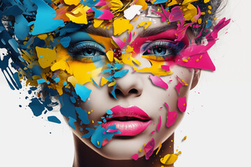 Abstract masterpiece of a woman's face emerged, brought to vivid life through the artistry of CMYK digital printing and design, showcasing beauty in a tapestry of vibrant hues and captivating forms