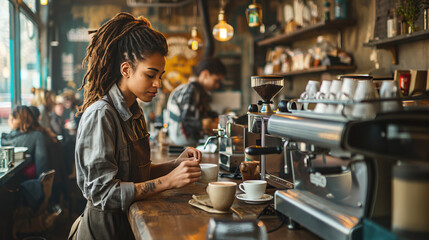 Stylish urban cafe with patrons enjoying their drinks and brutal female barista with a dreads wearing an casual uniform while crafting a latte, cozy interior - obrazy, fototapety, plakaty