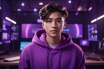 Fototapeta premium a handsome man in a purple hoodie standing in front of a computer screen, youtube avatar character, 4k 