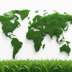 World map made of green grass, environmental protection concept, global warming, green earth seven continents
