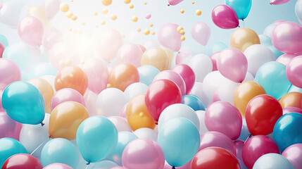 Fototapeta na wymiar Colorful balloons background with copyspace is perfect for birthday party invitations, celebration flyers, and greeting cards. It creates a festive and joyful atmosphere for various designs.