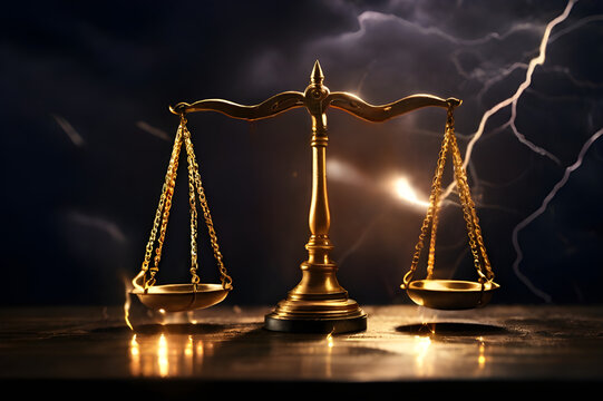 Close up detail of the scales of justice. Scales for weighing, libra, justice isolated on gold black background. International Justice Day July 17. Legal social justice concept. Black truth balancing