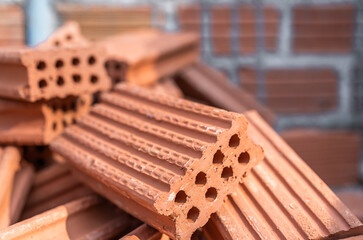 red bricks pile for material masonry house wall structure construction site,Beige color environment  