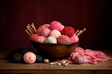 Several different balls of yarn in a bowl. Knitting. Generative AI