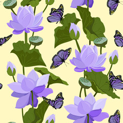 Seamless vector illustration with delicate lotus flowers and butterflies.