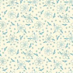 Fototapeta na wymiar Pastel blue daisy flowers with foliage and tiny flowers on beige white