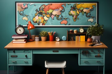 A top-down view of a school desk adorned with textbooks, pens, and sticky notes, creating a visually appealing scene on a pastel solid surface - obrazy, fototapety, plakaty