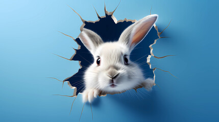 Bunny peeking out of a hole in blue wall, fluffy eared bunny easter bunny banner, rabbit jump out torn hole