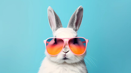 Abstract clip-art of White Rabbit wearing trendy sunglasses. Contemporary colourful background. Copy space. Summer minimalism. For posters, planners, web, landing page, illustration.
