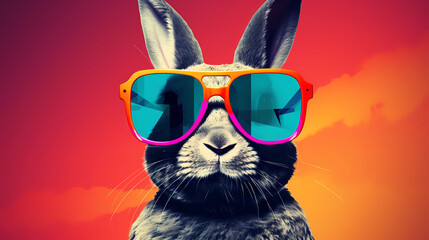 Cool bunny with sunglasses on colorful background.