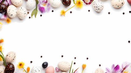 Easter quail eggs and springtime flowers over white background. Spring holidays concept with copy space. Top view