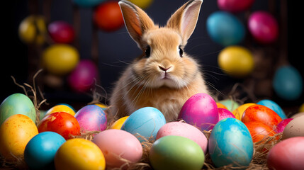Fototapeta na wymiar Happy Easter Bunny with many colorful easter eggs. 