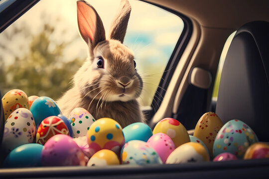 Cute Easter Bunny with sunglasses looking out of a car filed with easter eggs