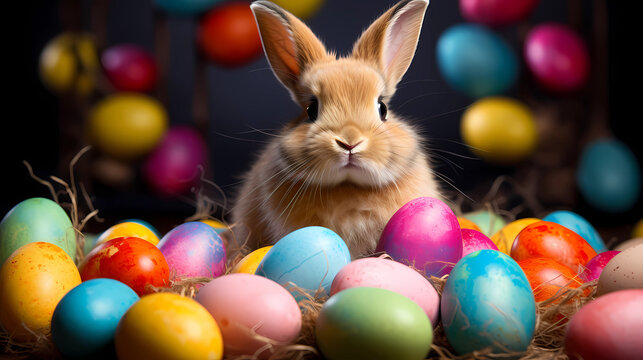 Happy Easter Bunny with many colorful easter eggs. 