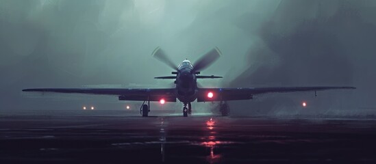 Dark aircraft maneuvering on the airstrip. - obrazy, fototapety, plakaty