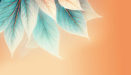 Fototapeta na wymiar Autumn Harmony: Delicate Turquoise Leaves Against a Soft Orange Background