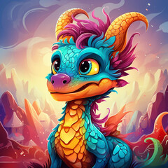 A Rainbow-Colored Baby Cartoon Dragon Character