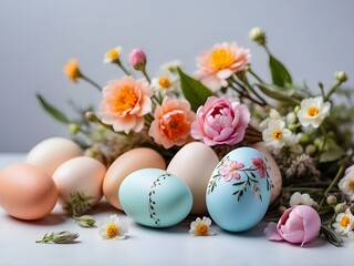 a beautifully arranged table with easter eggs and flowers. 