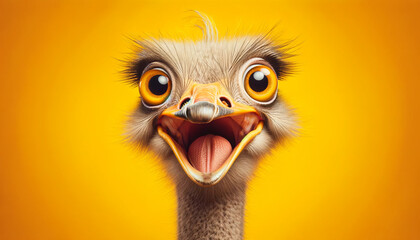 amazed ostrich on a yellow background - obrazy, fototapety, plakaty