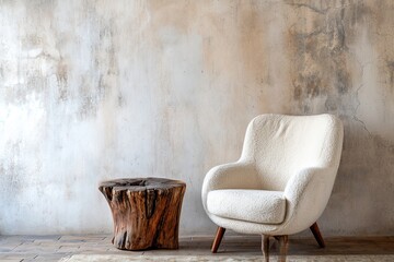 Fabric lounge chair and wood stump side table against a wall with copy space. Light interior design with soul. - obrazy, fototapety, plakaty