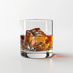 Perfect whiskey on the rocks in a glass, big lump of ice in alcoholic beverage. 