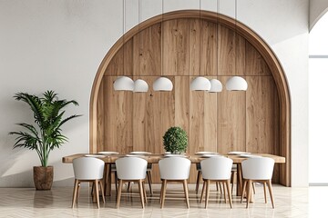 Minimalist interior design of a modern diming room with curved alcove and hanging lights. Wood grain and white tone.