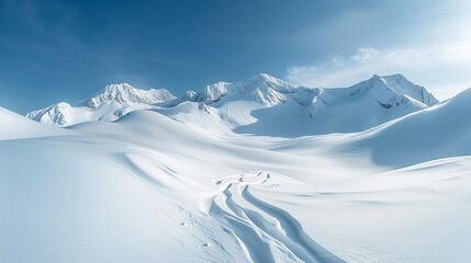 Fototapeta na wymiar Stunning panoramic view of snowy mountain range. The untouched powder snow with ski tracks crisscrossing. Bright and crisp winter day with snow capped peaks and clear blue sky. Cold adventure and expe