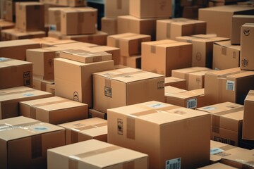 Fototapeta premium Cardboard box packages in warehouse distribution centre of multiple different sizes background