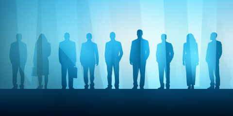 Silhouettes of group of business people standing in line on sky blue background