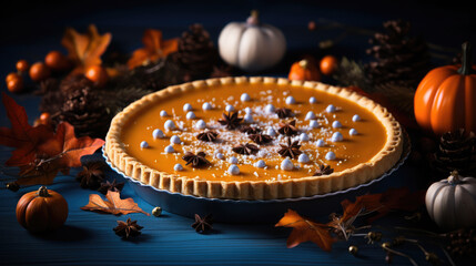 Pumpkin pie with marshmallows and cinnamon on a blue table. This cozy and delicious image is perfect for autumn recipe blogs, Thanksgiving promotions, and food-related social media posts.