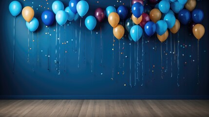 conjunto de globos de colores con lazo posado sobre suelo de madera y fondo de color azul con confeti