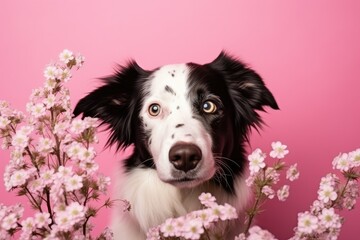 Charming dog Enjoying Spring Blossoms on a colour Backdrop - Generative AI