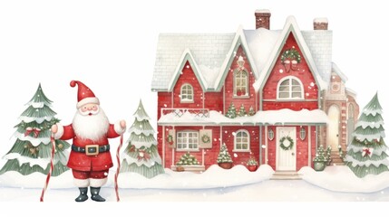 A Christmas watercolor illustration of Santa. Cute Santa Claus with house on white background. 
