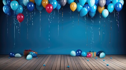 conjunto de globos de colores con lazo posado sobre suelo de madera y fondo de color azul con confeti - obrazy, fototapety, plakaty