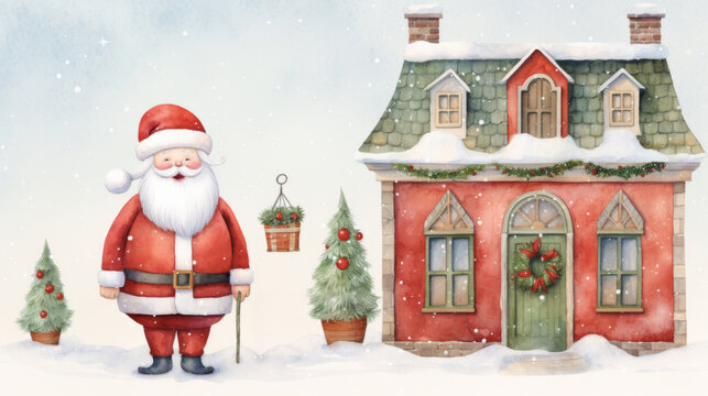 A Christmas watercolor illustration of Santa. Cute Santa Claus with house on white background. 
