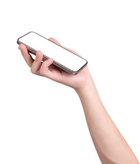 Hand holding smartphone with blank screen isolated on white background.