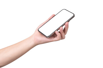 Hand holding smartphone with blank screen isolated on white background.