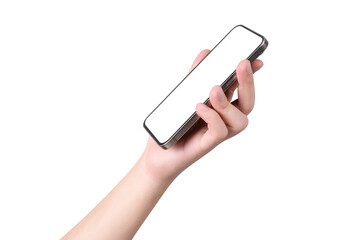 Obraz na płótnie Canvas Hand holding smartphone with blank screen isolated on white background.