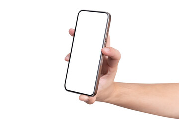 Hand holding smartphone with blank screen isolated on white background.