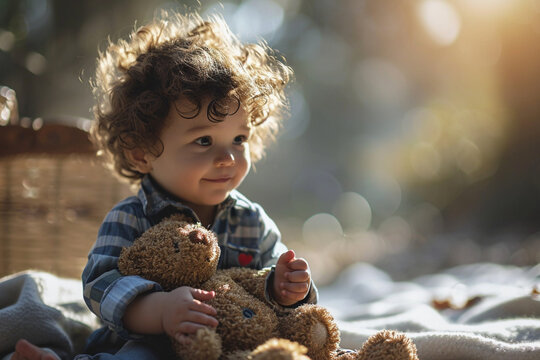 A Toddler Holding A Teddy Bear At His Bedroom